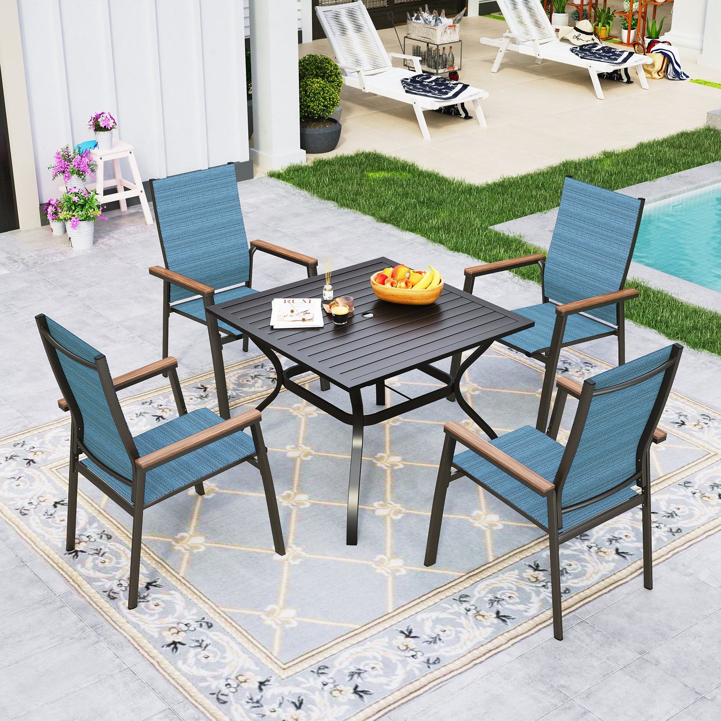 Sophia&William 5-Piece Outdoor Patio Dining Set Textilene Chairs & Teak-Wood Table Furniture Set, Blue