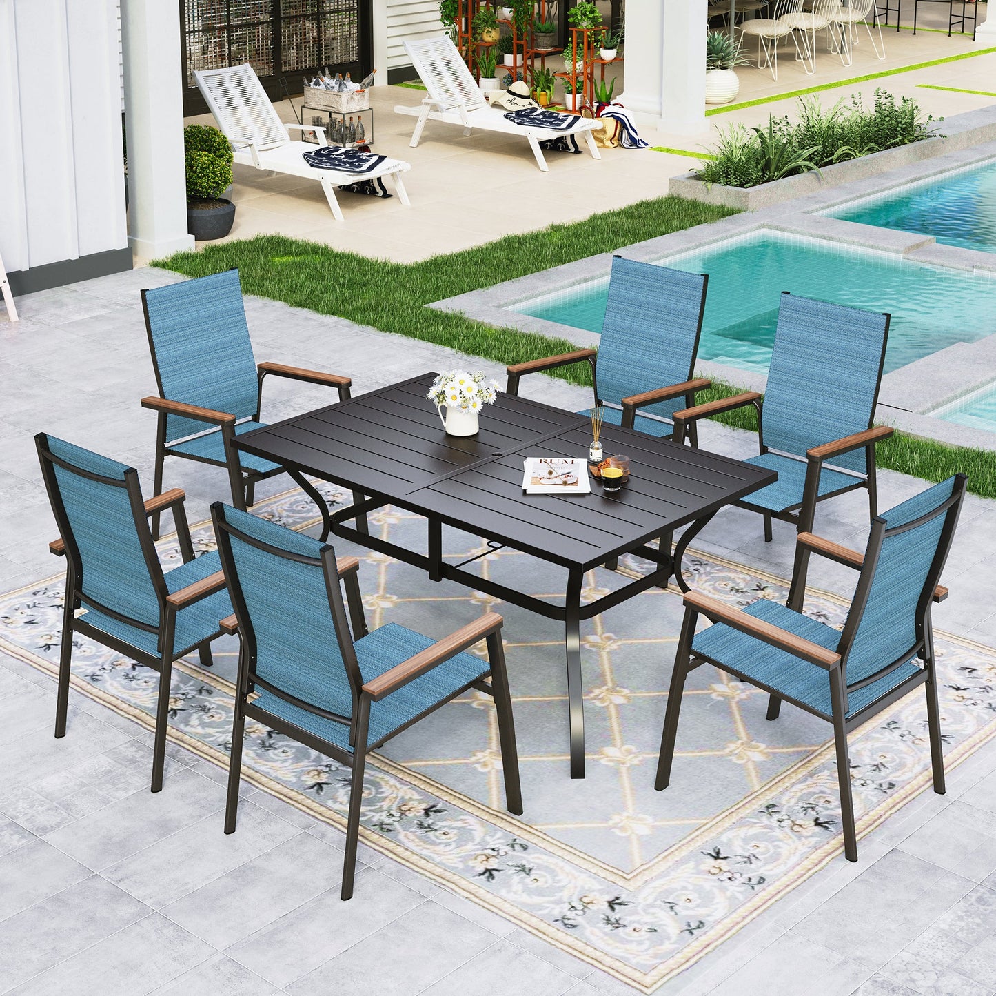 Sophia&William 7-Piece Outdoor Patio Dining Set Textilene Chairs & Table Furniture Set, Blue