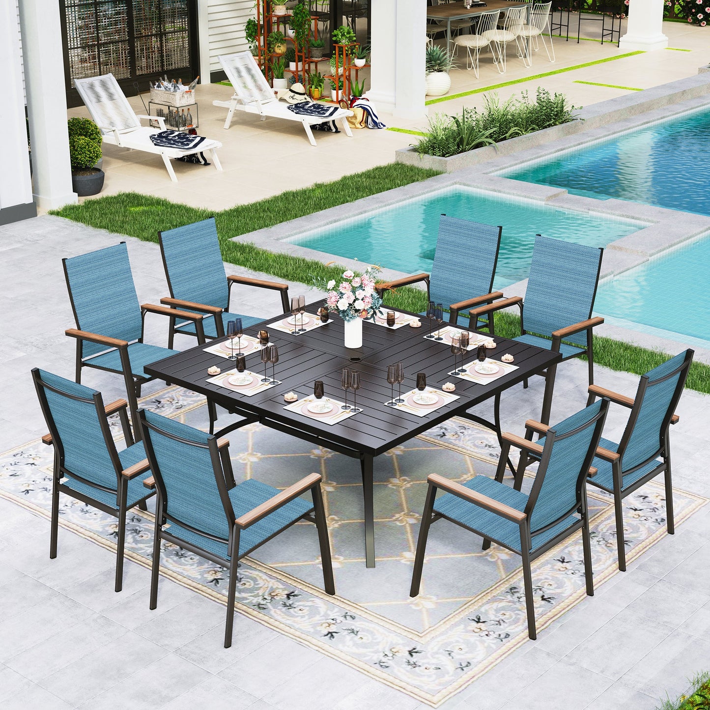 Sophia&William 9-Piece Outdoor Patio Dining Set Textilene Chairs & 60" Square Table Furniture Set, Blue