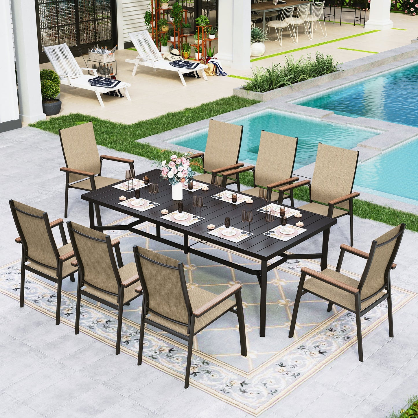 Sophia&William 9-Piece Outdoor Patio Dining Set Textilene Chairs & 83" Table Furniture Set, Beige