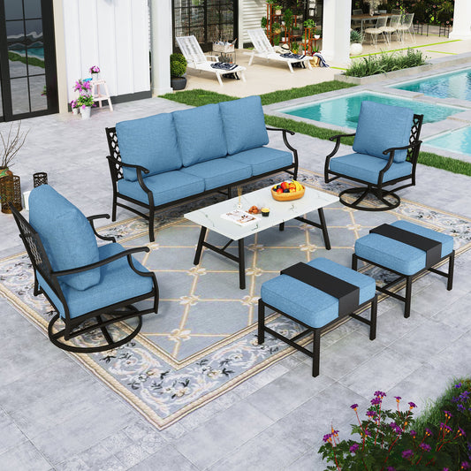 Sophia&William 7 Seat Patio Conversation Set Outdoor Sofa Furniture Set with Marble Table & Ottomans, Navy Blue