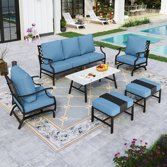 Sophia&William 7 Seat Patio Conversation Set Outdoor Sofa Furniture Set with Marble Table & Ottomans, Navy Blue