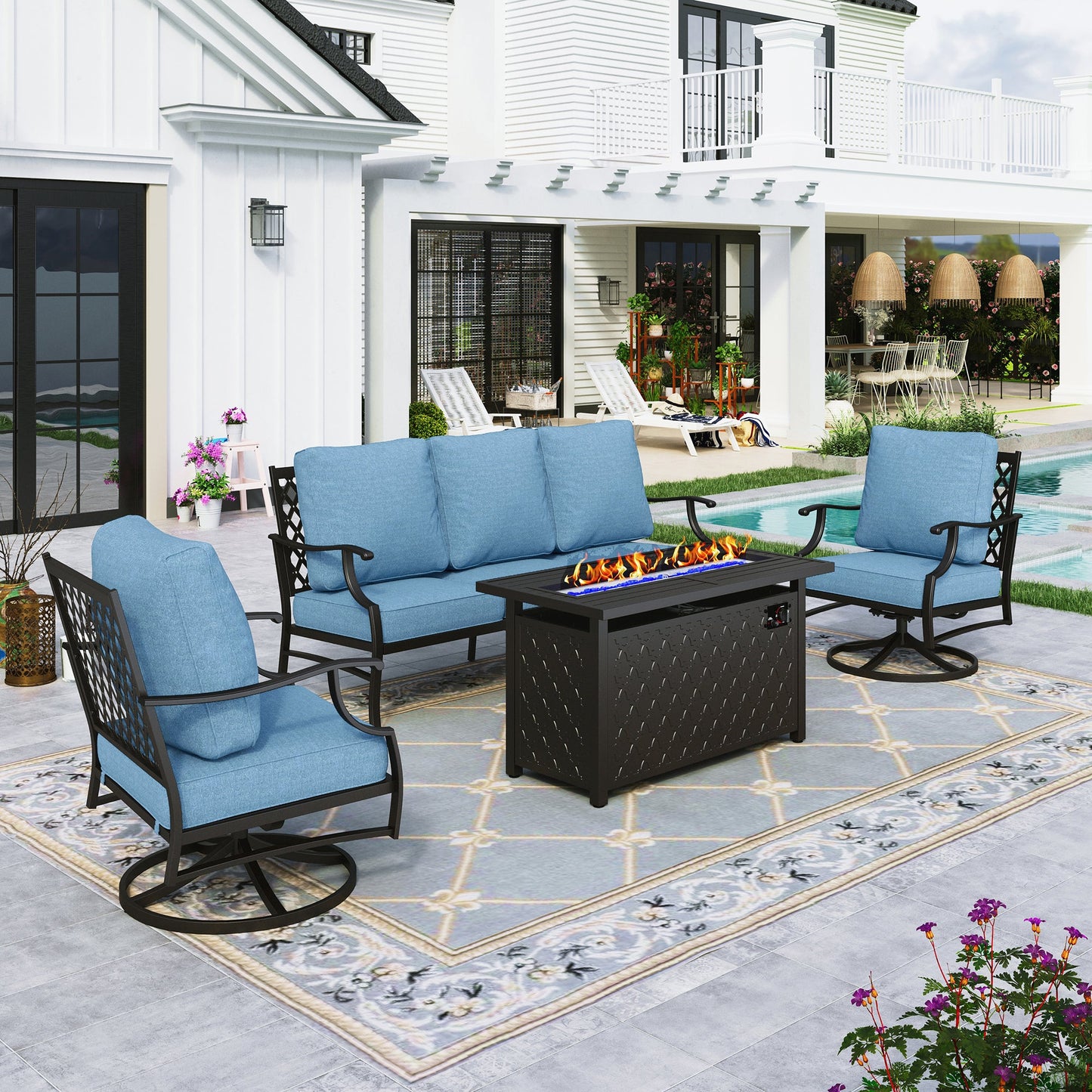 Sophia&William 4 Piece Patio Conversation Set Outdoor Furniture Sofa Set with 50,000BTU Fire Pit, Navy Blue