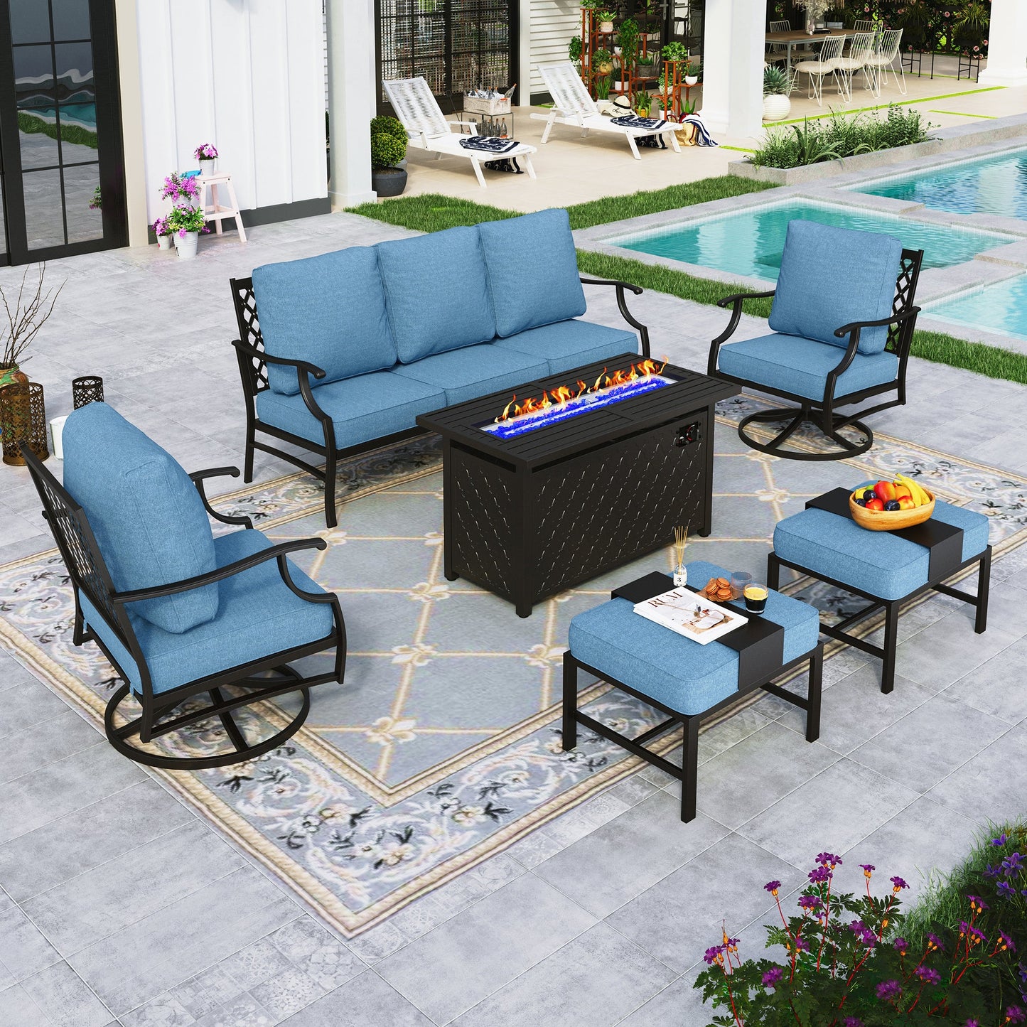 Sophia&William 6 Piece Patio Conversation Set Outdoor Furniture Sofa Set with 50,000BTU Fire Pit Table, Ottomans, Navy Blue