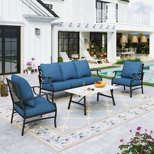 Sophia&William 5 Seat Patio Conversation Set Outdoor Sofa Furniture Set with Marble Table, Pacific Blue