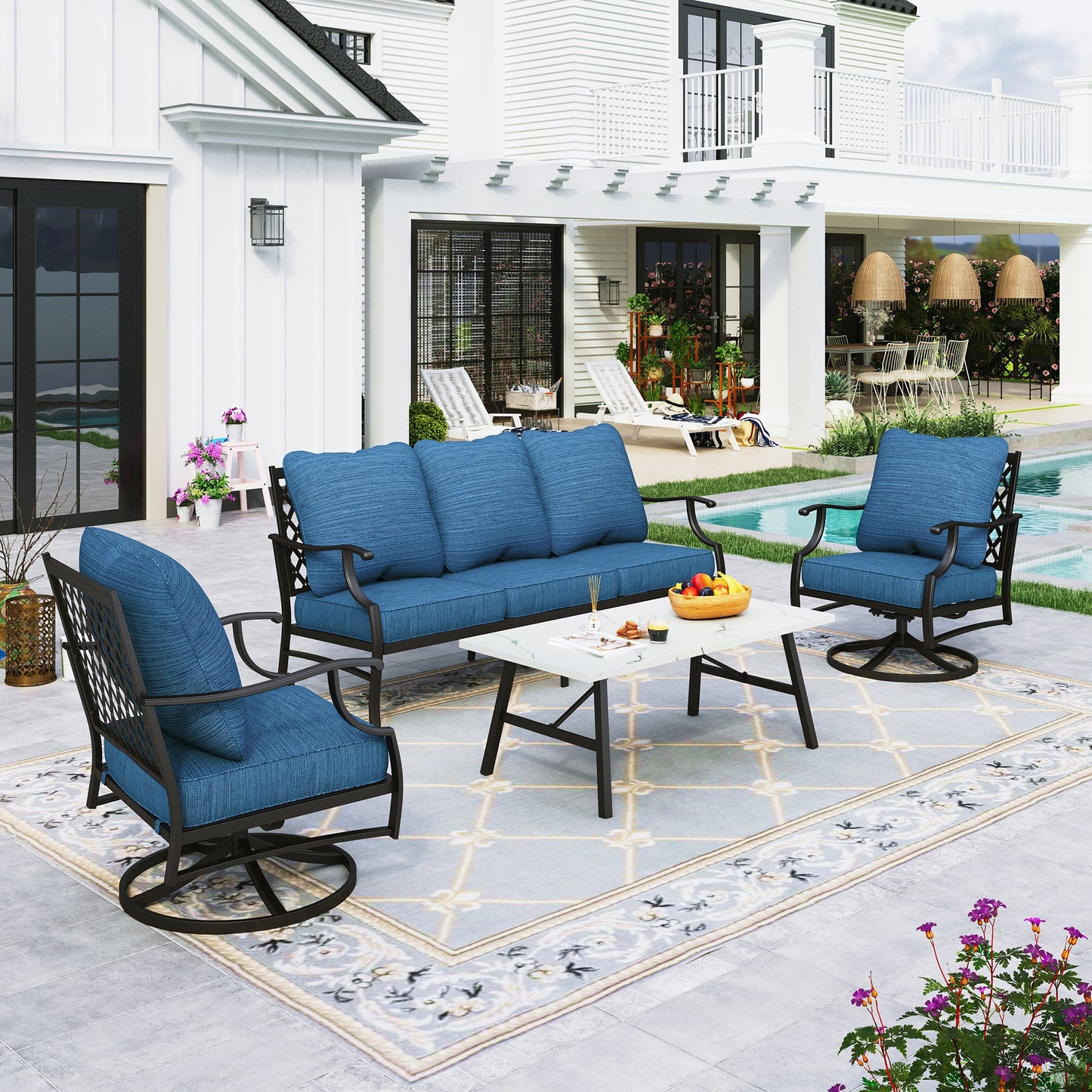 Sophia&William 5 Seat Patio Conversation Set Outdoor Sofa Furniture Set with Marble Table, Pacific Blue