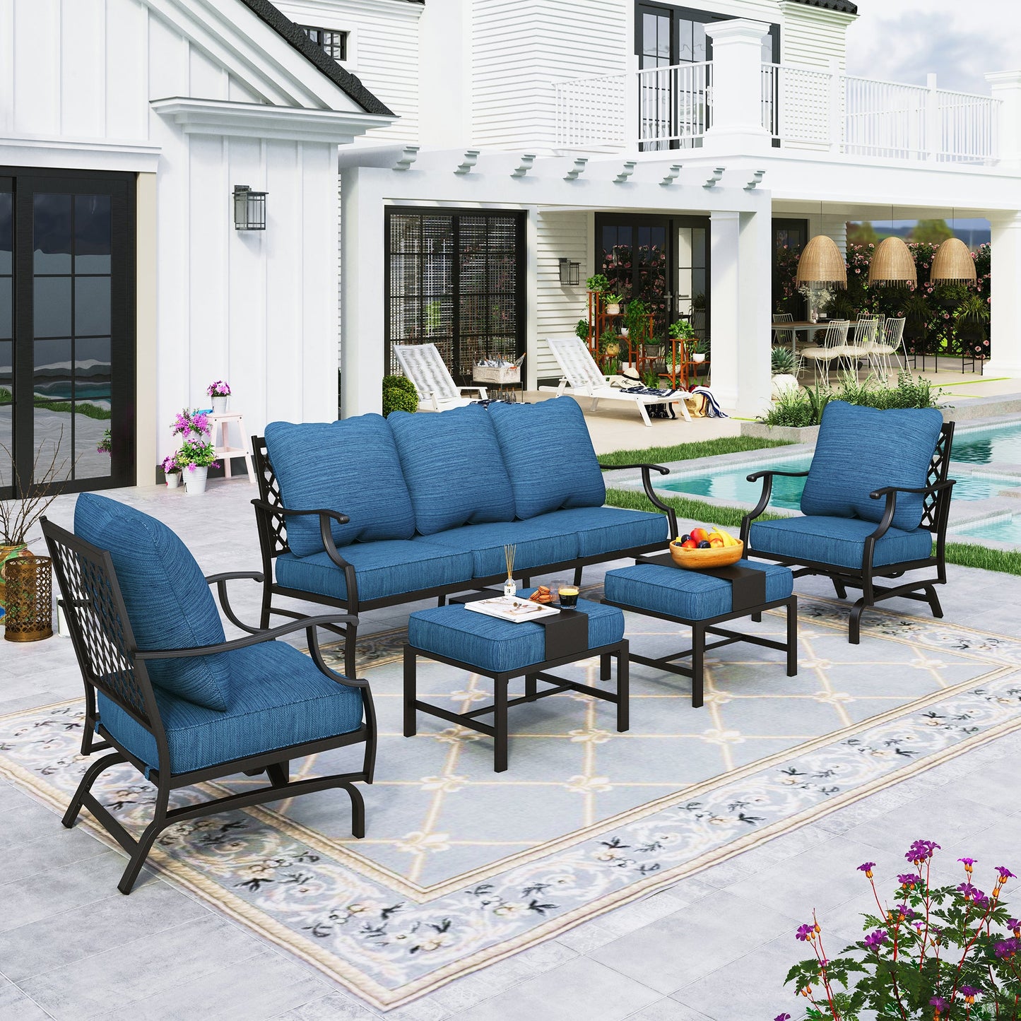 Sophia&William 7 Seat Patio Conversation Set Outdoor Sofa Furniture Set with Ottomans, Pacific Blue