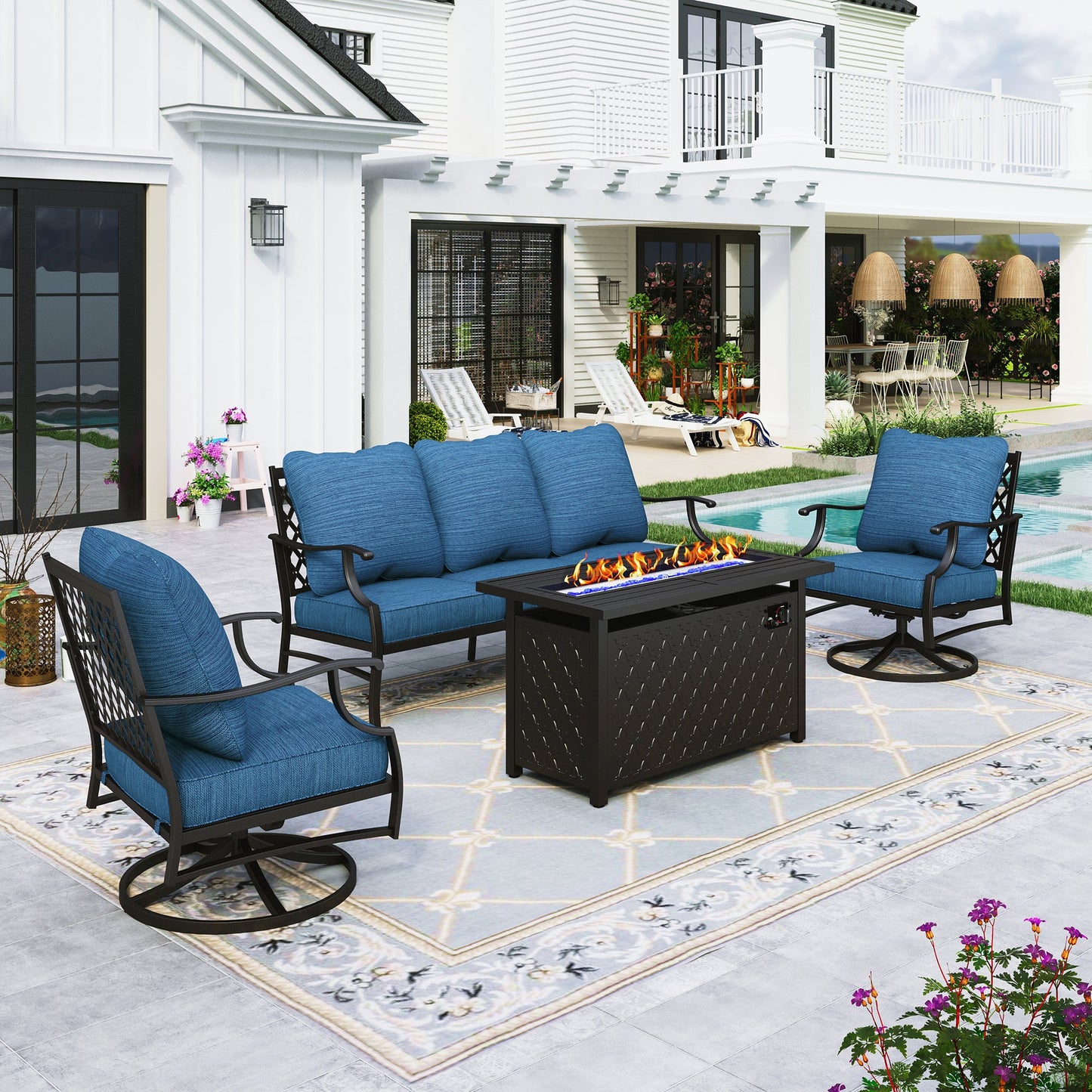 Sophia&William 4 Piece Patio Conversation Set Outdoor Furniture Sofa Set with 50,000BTU Fire Pit, Pacific Blue