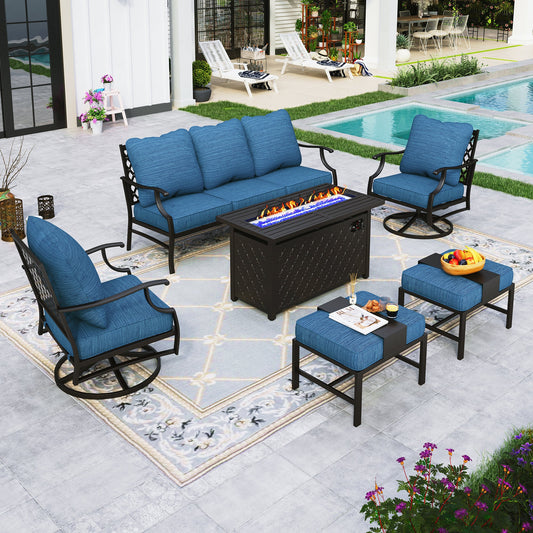 Sophia&William 6 Piece Patio Conversation Set Outdoor Furniture Sofa Set with 50,000BTU Fire Pit Table, Ottomans, Pacific Blue