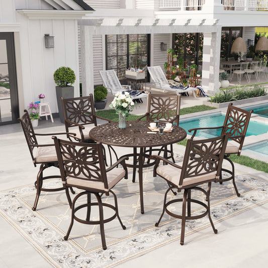 Sophia & William 7 Piece Cast Aluminum Outdoor Bar Set 6 Swivel Bar Stools with Cushion and 1 Round Patio Bar Table