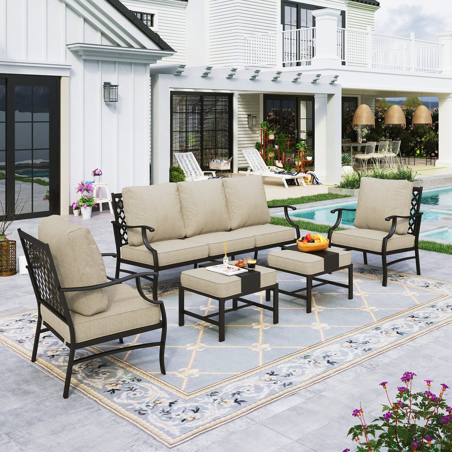 Sophia&William 7 Seat Patio Conversation Set Outdoor Sofa Furniture Set with Ottomans, Beige