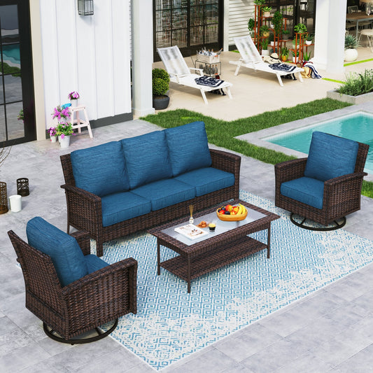 Sophia & William 4 Pieces Wicker Patio Conversation Set 5-Seat Outdoor Furniture Set with Swivel Chairs, Pacific Blue