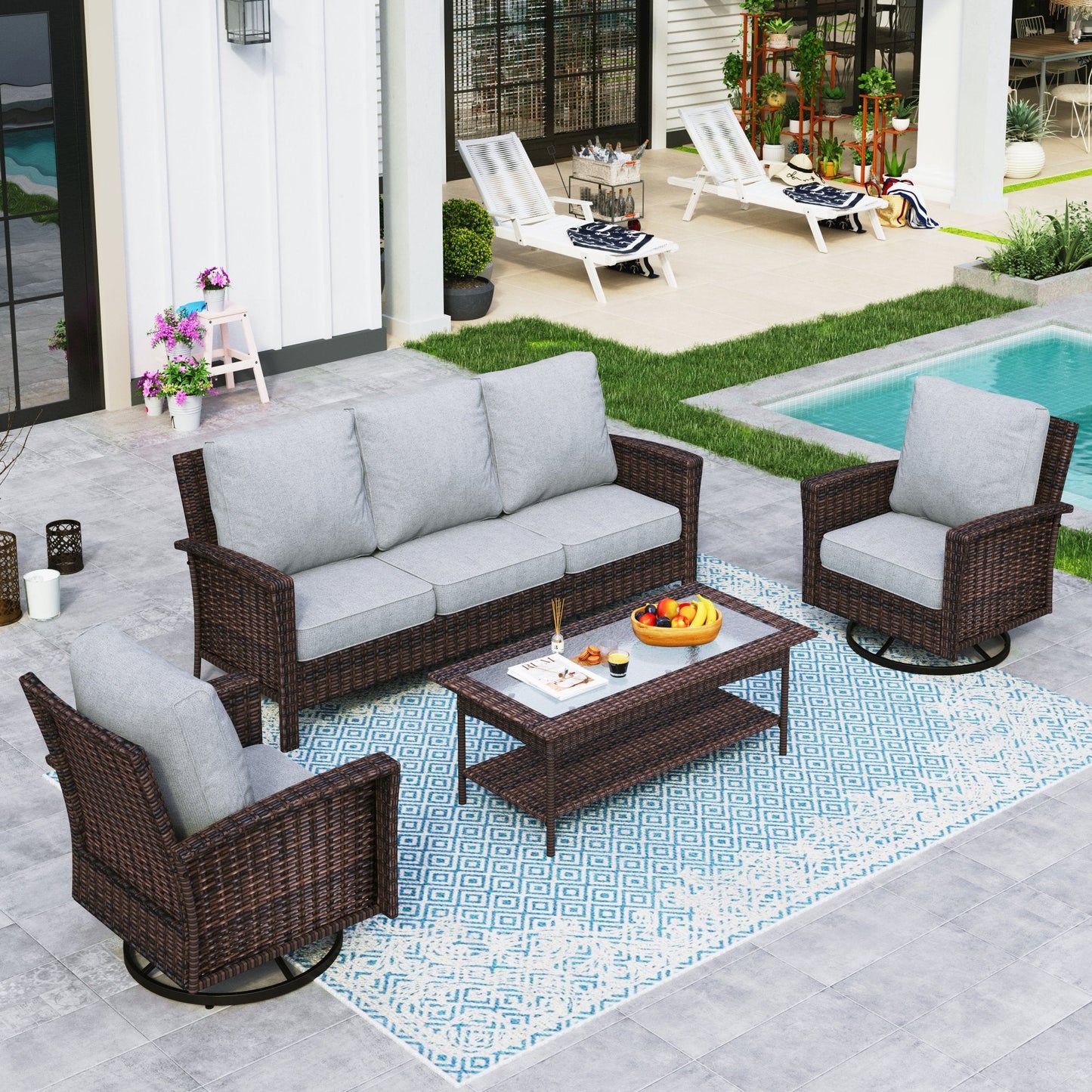 Sophia & William 4 Pieces Wicker Patio Conversation Set 5-Seat Outdoor Furniture Set with Swivel Chairs, Grey