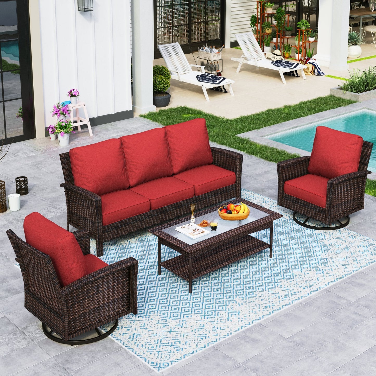 Sophia & William 4 Pieces Wicker Patio Conversation Set 5-Seat Outdoor Furniture Set with Swivel Chairs, Red