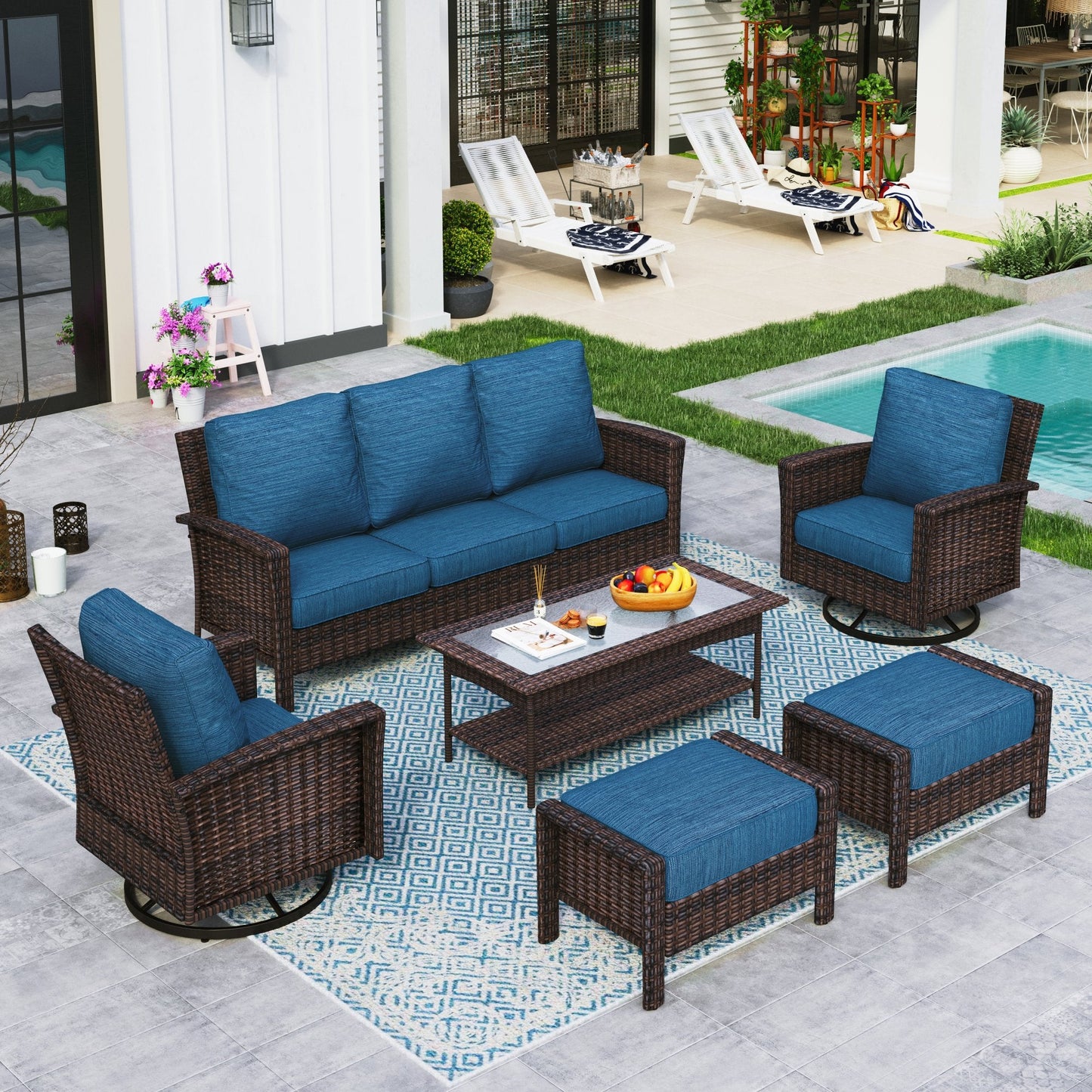 Sophia & William 6 Pieces Wicker Patio Conversation Set 7-Seat Outdoor Furniture Set with Swivel Chairs, Pacific Blue