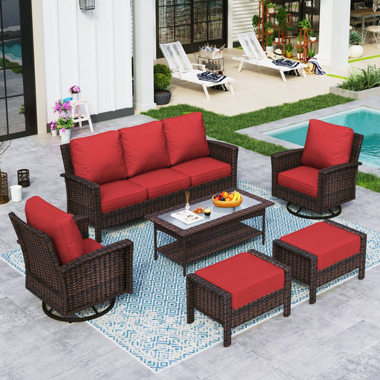 Sophia & William 6 Pieces Wicker Patio Conversation Set 7-Seat Outdoor Furniture Set with Swivel Chairs, Red