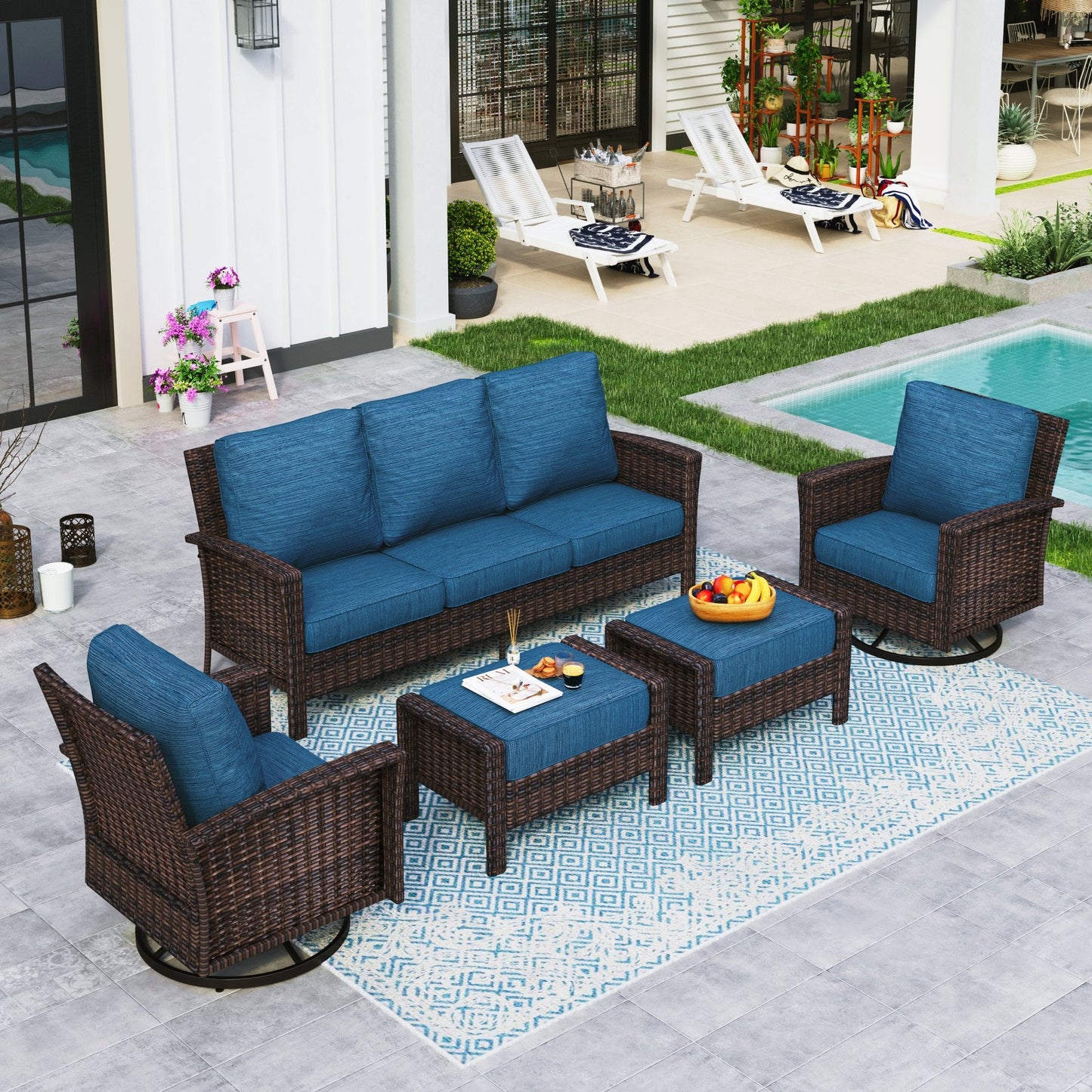 Sophia & William 5 Pieces Wicker Patio Conversation Set 7-Seat Outdoor Furniture Set with Swivel Chairs, Pacific Blue