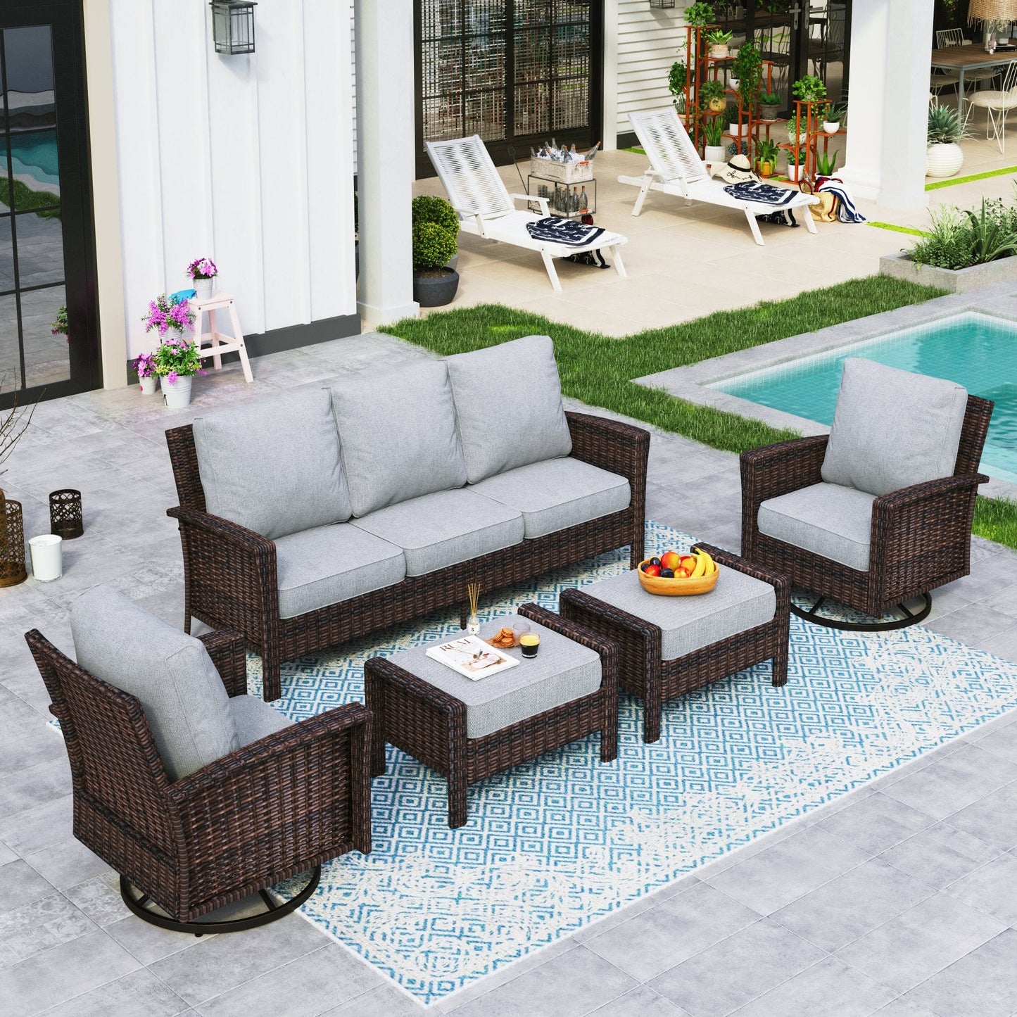 Sophia & William 5 Pieces Wicker Patio Conversation Set 7-Seat Outdoor Furniture Set with Swivel Chairs, Grey