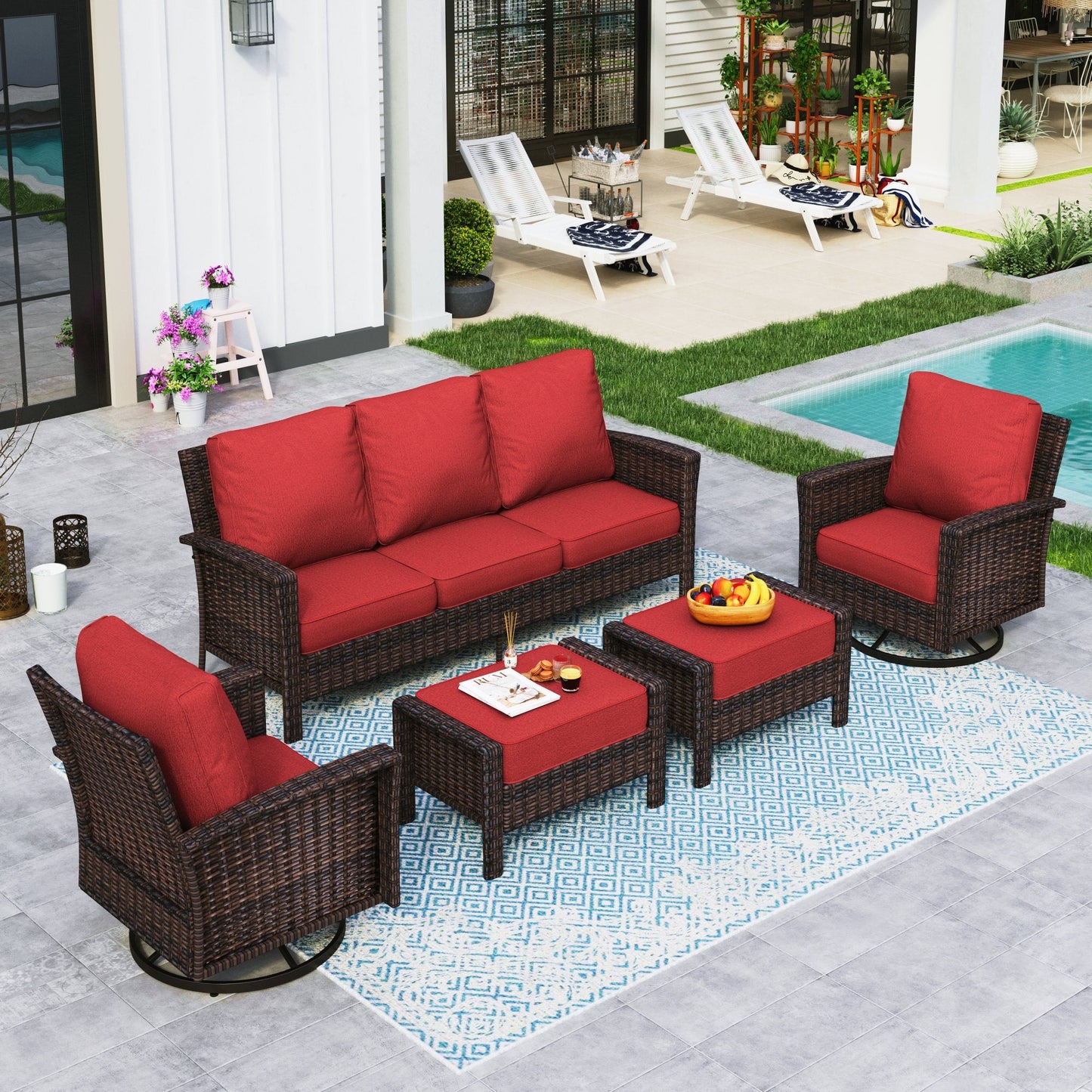 Sophia & William 5 Pieces Wicker Patio Conversation Set 7-Seat Outdoor Furniture Set with Swivel Chairs, Red