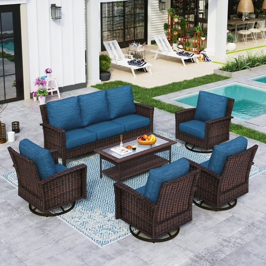 Sophia & William 6 Pieces Wicker Patio Conversation Set 7-Seat Outdoor Furniture Set with Swivel Chairs, Pacific Blue