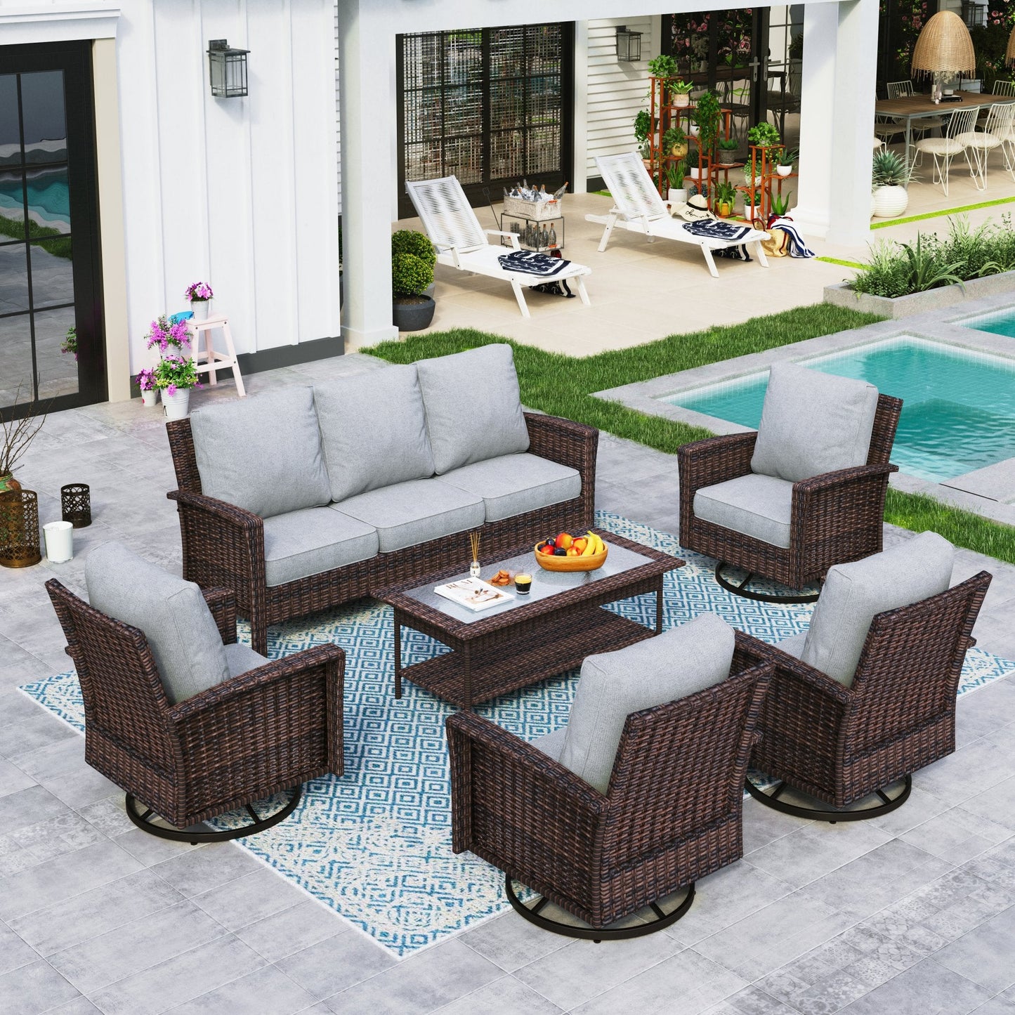 Sophia & William 6 Pieces Wicker Patio Conversation Set 7-Seat Outdoor Furniture Set with Swivel Chairs, Grey