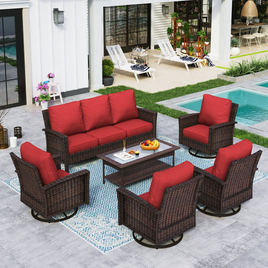 Sophia & William 6 Pieces Wicker Patio Conversation Set 7-Seat Outdoor Furniture Set with Swivel Chairs, Red