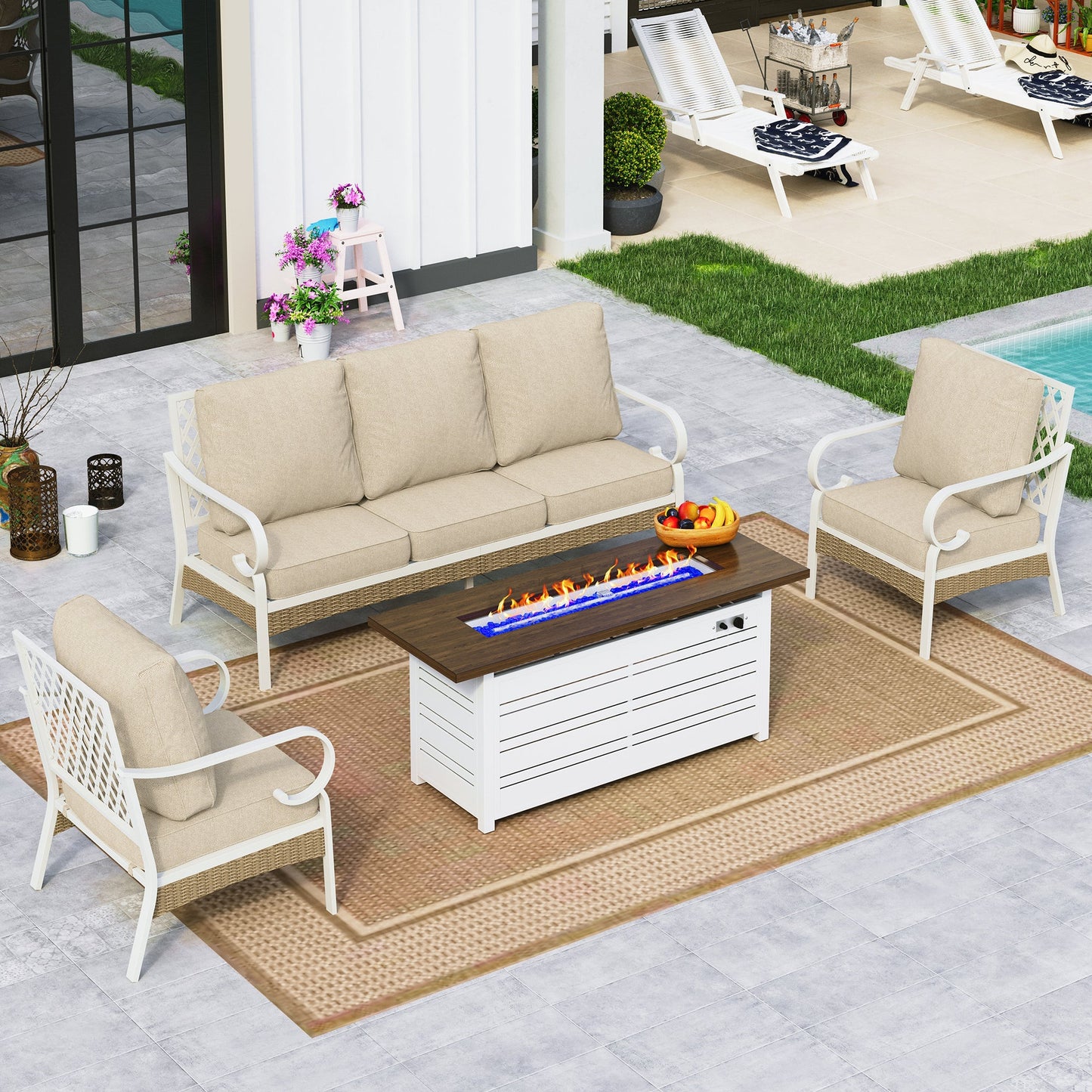 Sophia&William 5-Seat Patio Conversation Set Outdoor Furniture Sofa Set with 56" Fire Pit Table, Beige