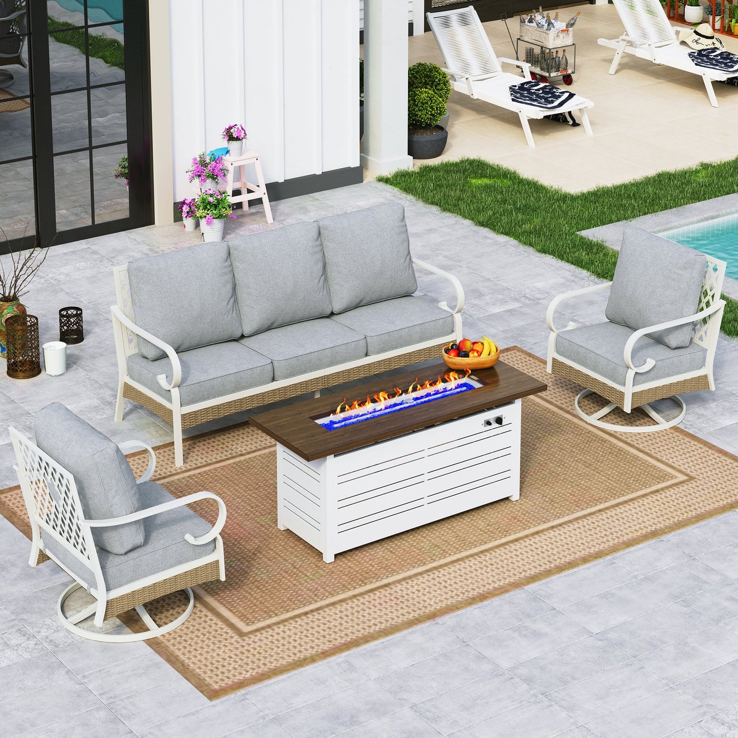 Sophia&William 5-Seat Patio Conversation Set Outdoor Furniture Sofa Set with 56" Fire Pit Table, Light Gray