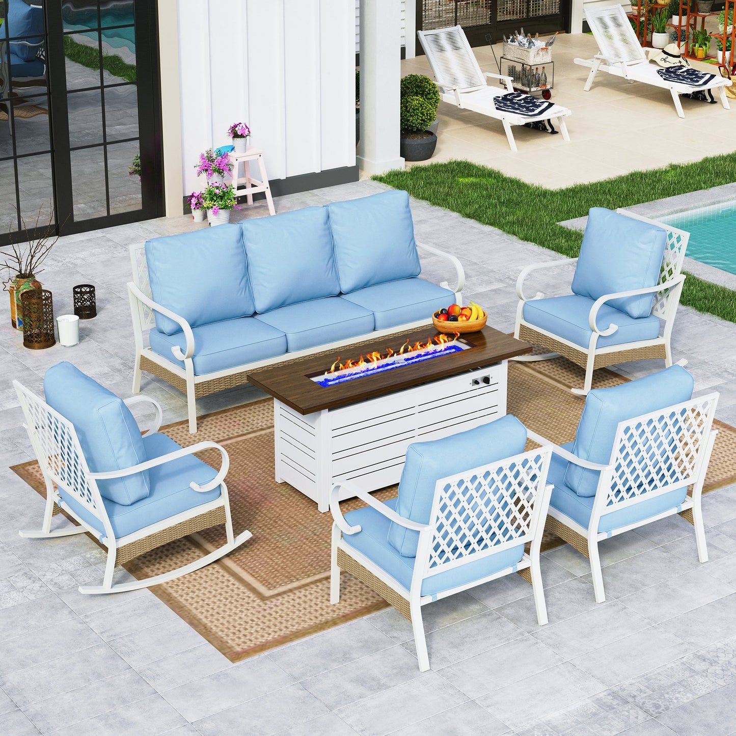 Sophia&William 7-Seat Patio Conversation Set Outdoor Furniture Sofa Set with 56" Fire Pit Table, Blue