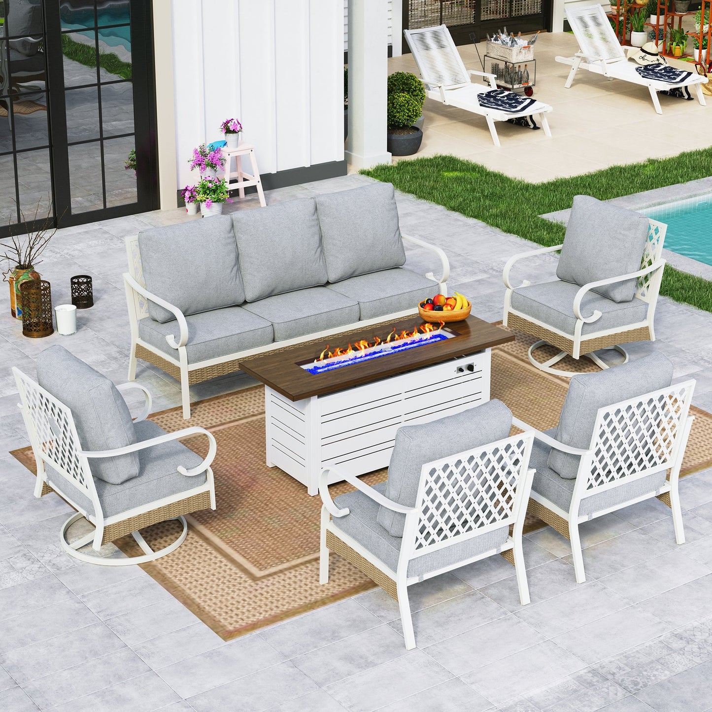 Sophia&William 7-Seat Patio Conversation Set Outdoor Furniture Sofa Set with 56" Fire Pit Table, Light Gray