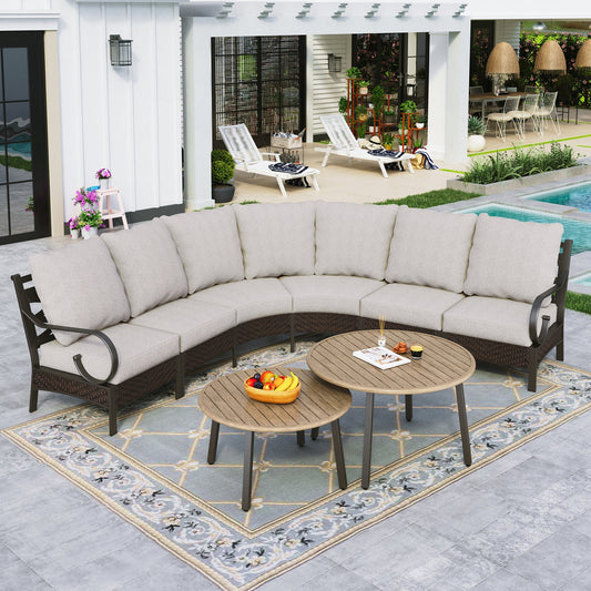 Sophia & William 6 Seat Patio Outdoor Furniture Set Half-Moon Sectional Sofa Metal Conversation Set & 2 Wood-like Coffee Tables