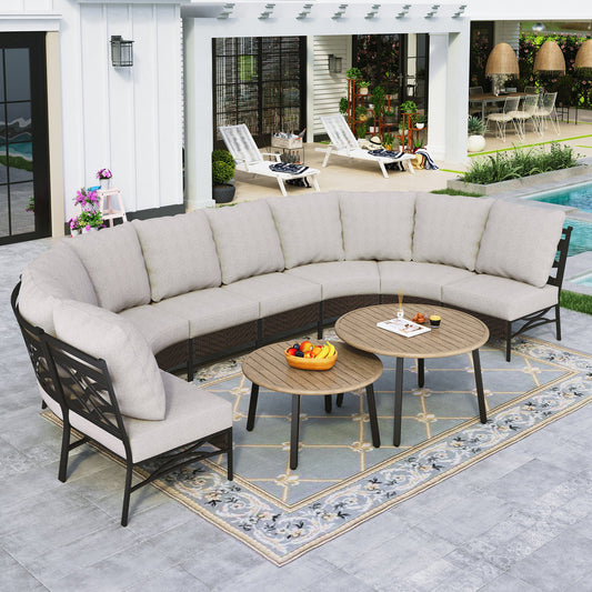 Sophia & William 8 Seat Patio Outdoor Furniture Set Half-Moon Sectional Sofa Metal Conversation Set & 2 Wood-like Coffee Tables