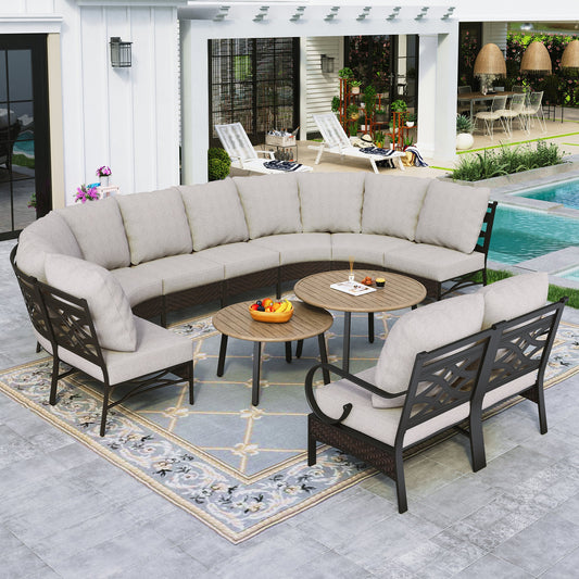 Sophia & William 10 Seat Patio Outdoor Furniture Set Half-Moon Sectional Sofa Metal Conversation Set & 2 Wood-like Coffee Tables