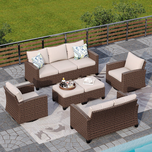 Sophia & William 6 Pieces Wicker Patio Furniture Set 9-Seat Outdoor Conversation Set with Swivel Chairs, Beige