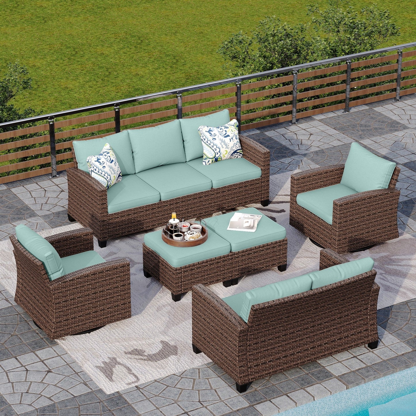 Sophia & William 6 Pieces Wicker Patio Furniture Set 9-Seat Outdoor Conversation Set with Swivel Chairs, Blue