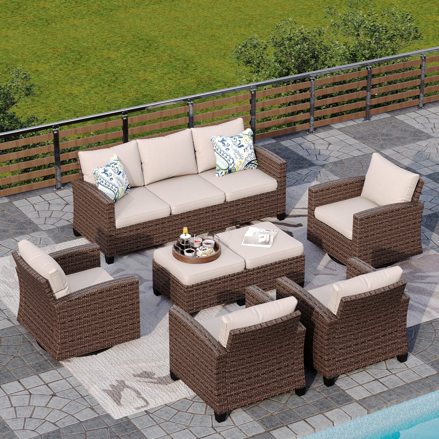 Sophia & William 7 Pieces Wicker Patio Furniture Set with Swivel Chairs 9-Seat Outdoor Conversation Set, Beige