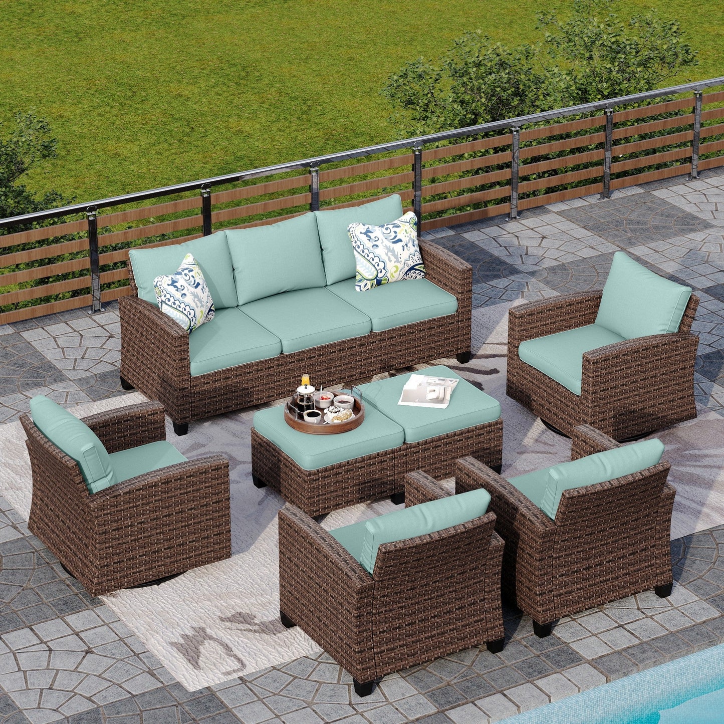 Sophia & William 7 Pieces Wicker Patio Furniture Set with Swivel Chairs 9-Seat Outdoor Conversation Set, Blue