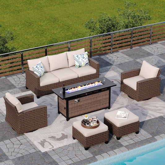 Sophia & William 6 Pieces Wicker Patio Furniture Set 7 Seats with 56¡± Fire Pit Table Includes 2 Swivel Chairs, Beige