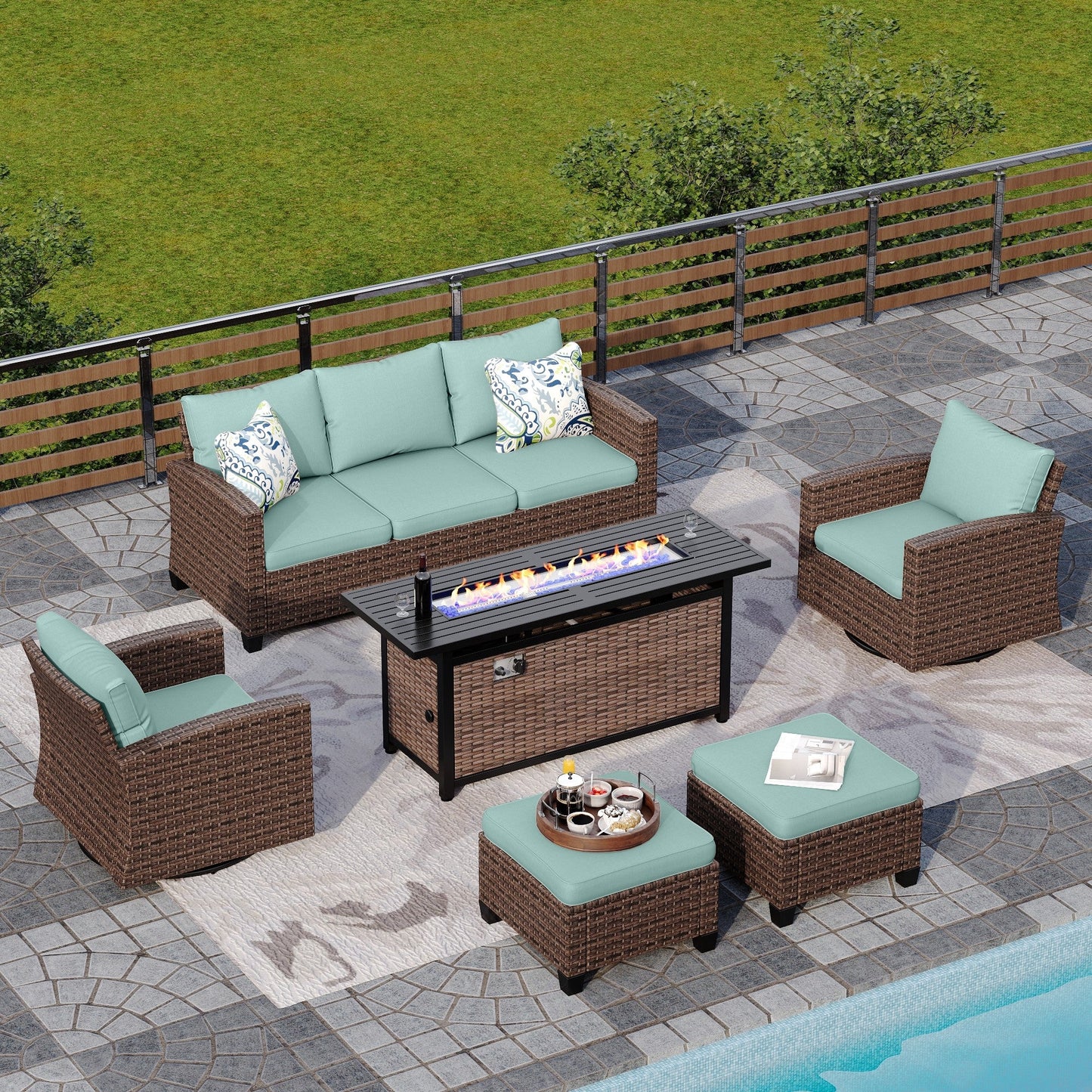 Sophia & William 6 Pieces Wicker Patio Furniture Set 7 Seats with 56¡± Fire Pit Table Includes 2 Swivel Chairs, Blue