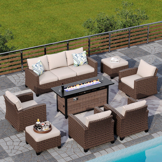 Sophia & William 8 Pieces Wicker Patio Furniture Set 9 Seats with 56¡± Fire Pit Table Includes 2 Swivel Chairs, Beige