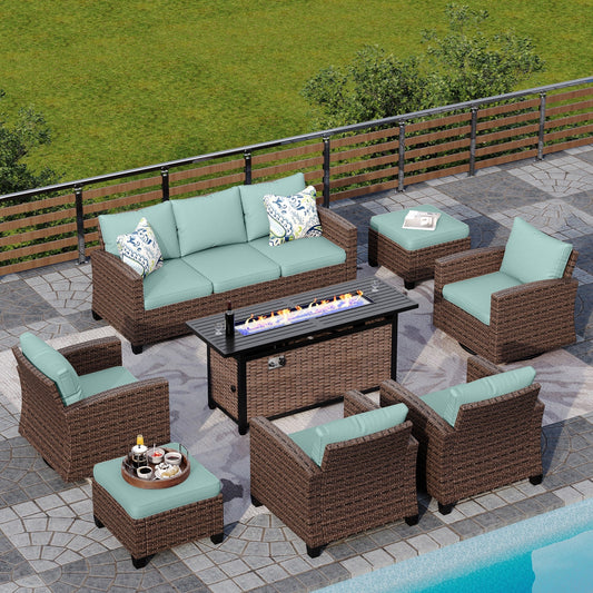 Sophia & William 8 Pieces Wicker Patio Furniture Set 9 Seats with 56¡± Fire Pit Table Includes 2 Swivel Chairs, Blue