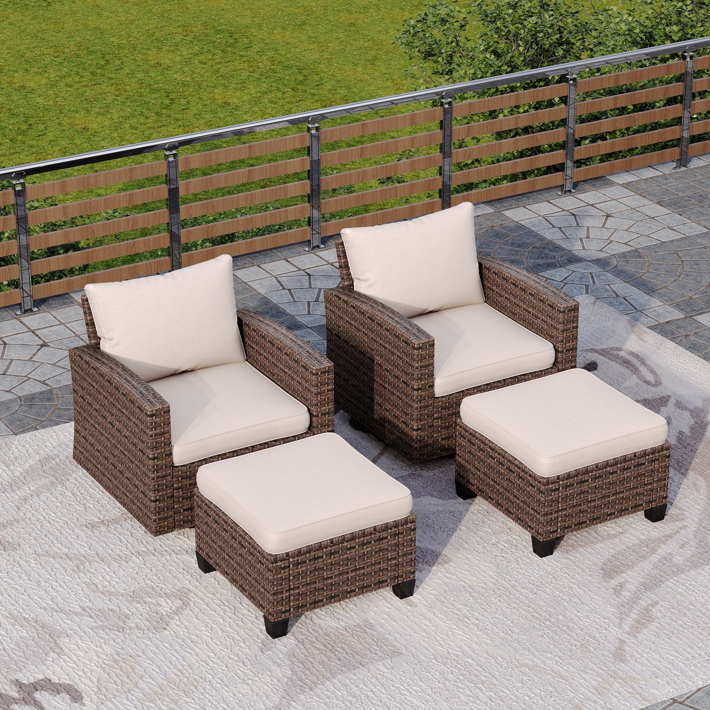 Sophia & William 4 Pieces Outdoor Patio Furniture Set Wicker Swivel Chairs Ottomans Conversation Set, Beige