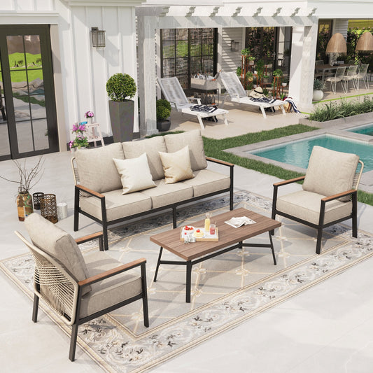 Sophia & William 4 Pieces Metal Rattan Patio Furniture Set 5-Seat Outdoor Conversation Set with Fixed Chairs, Beige