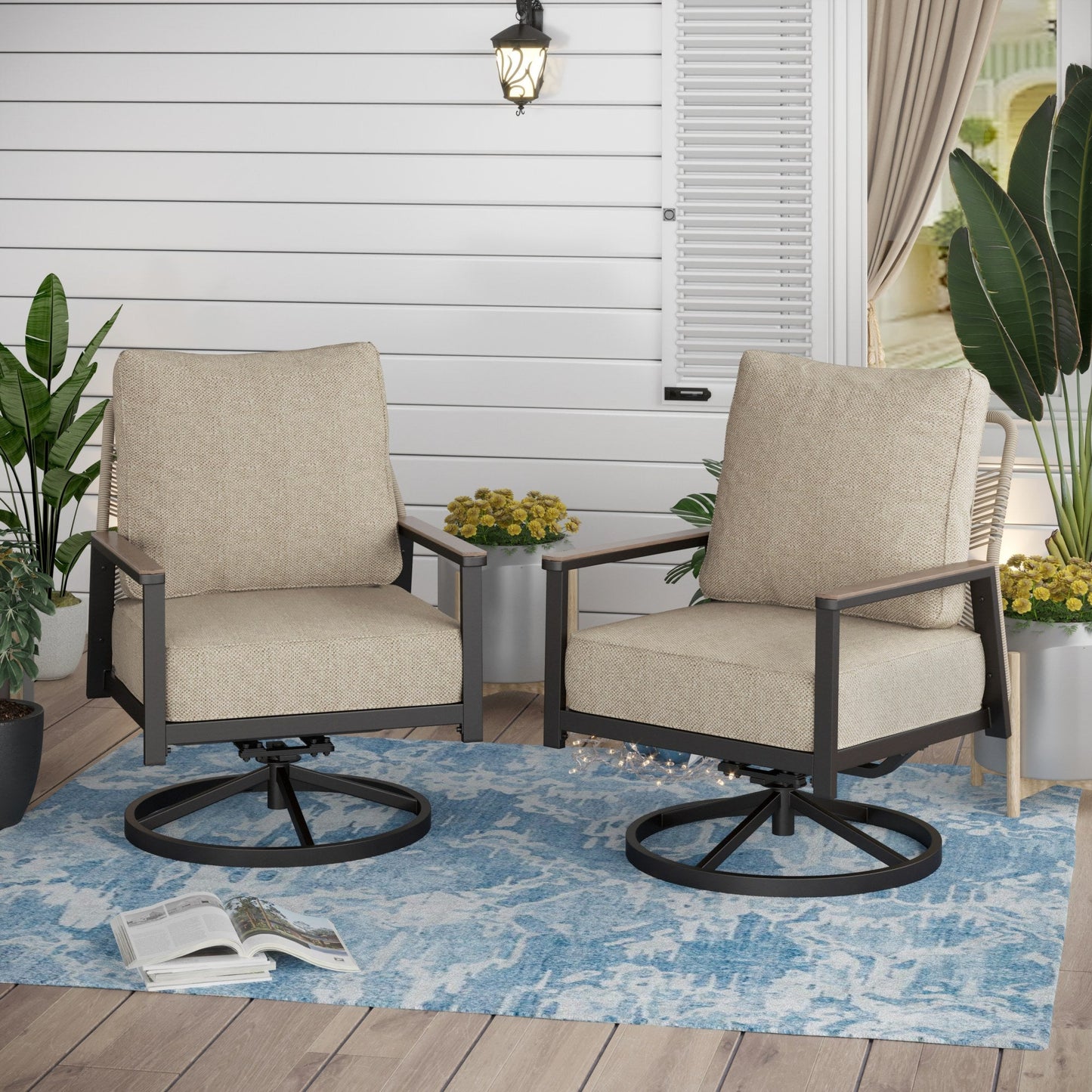 Sophia & William Metal Rattan Swivel Patio Chairs Set of 2 With Beige Cushions