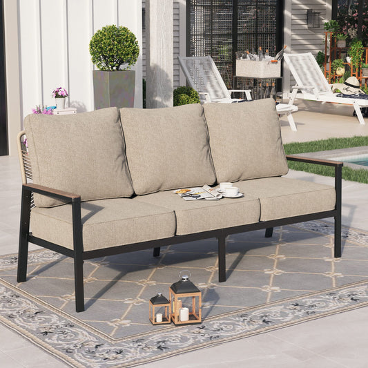 Sophia & William 3-Seat Metal Rattan Outdoor Patio Furniture Conversation Sofa, Beige Cushion