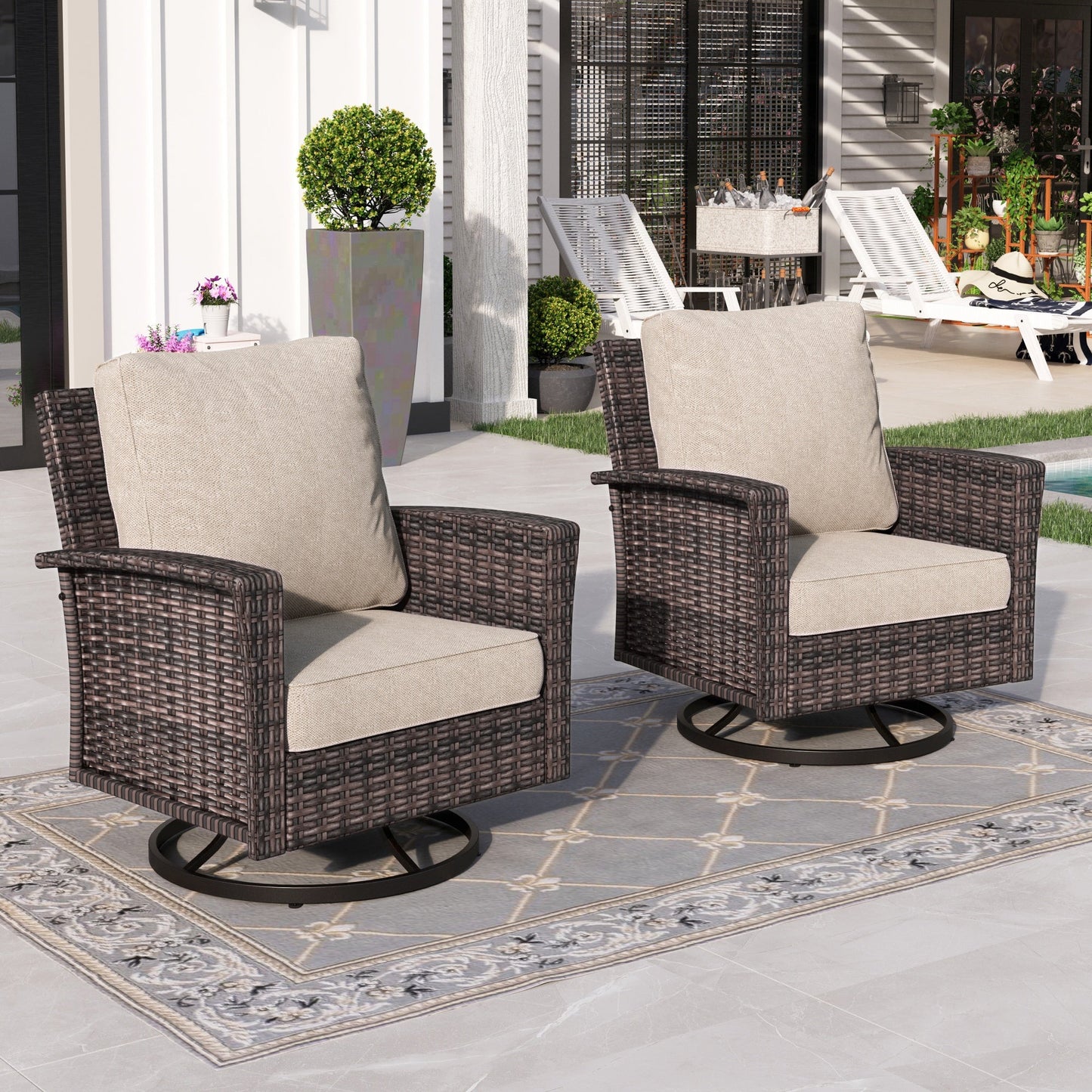 Sophia & William Outdoor Patio Wicker Swivel Glider Chairs Set of 2 with 5.5" Thick Cushions, Beige