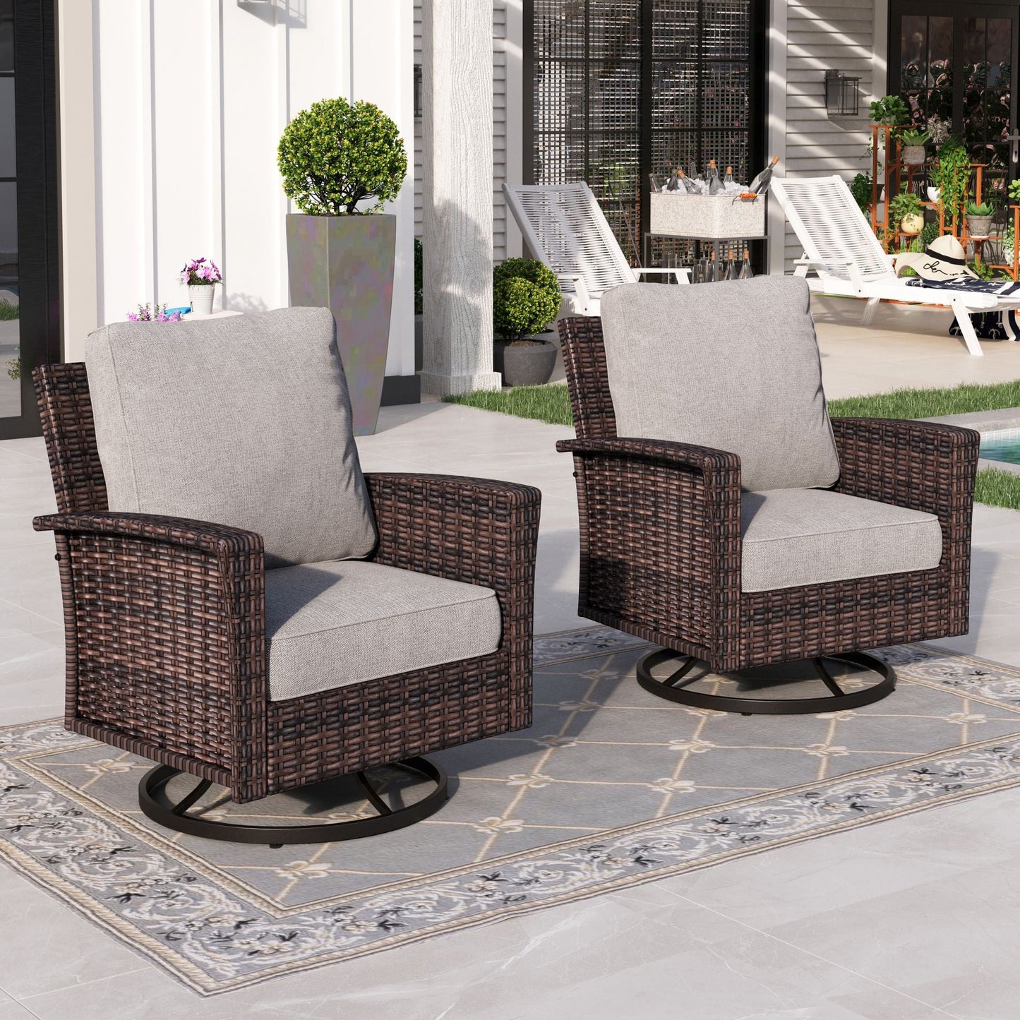 Sophia & William Outdoor Patio Wicker Swivel Glider Chairs Set of 2 with 5.5" Thick Cushions, Light Grey