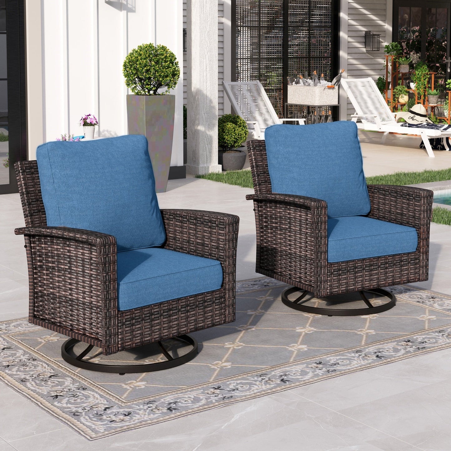 Sophia & William Outdoor Patio Wicker Swivel Glider Chairs Set of 2 with 5.5" Thick Cushions, Navy Blue