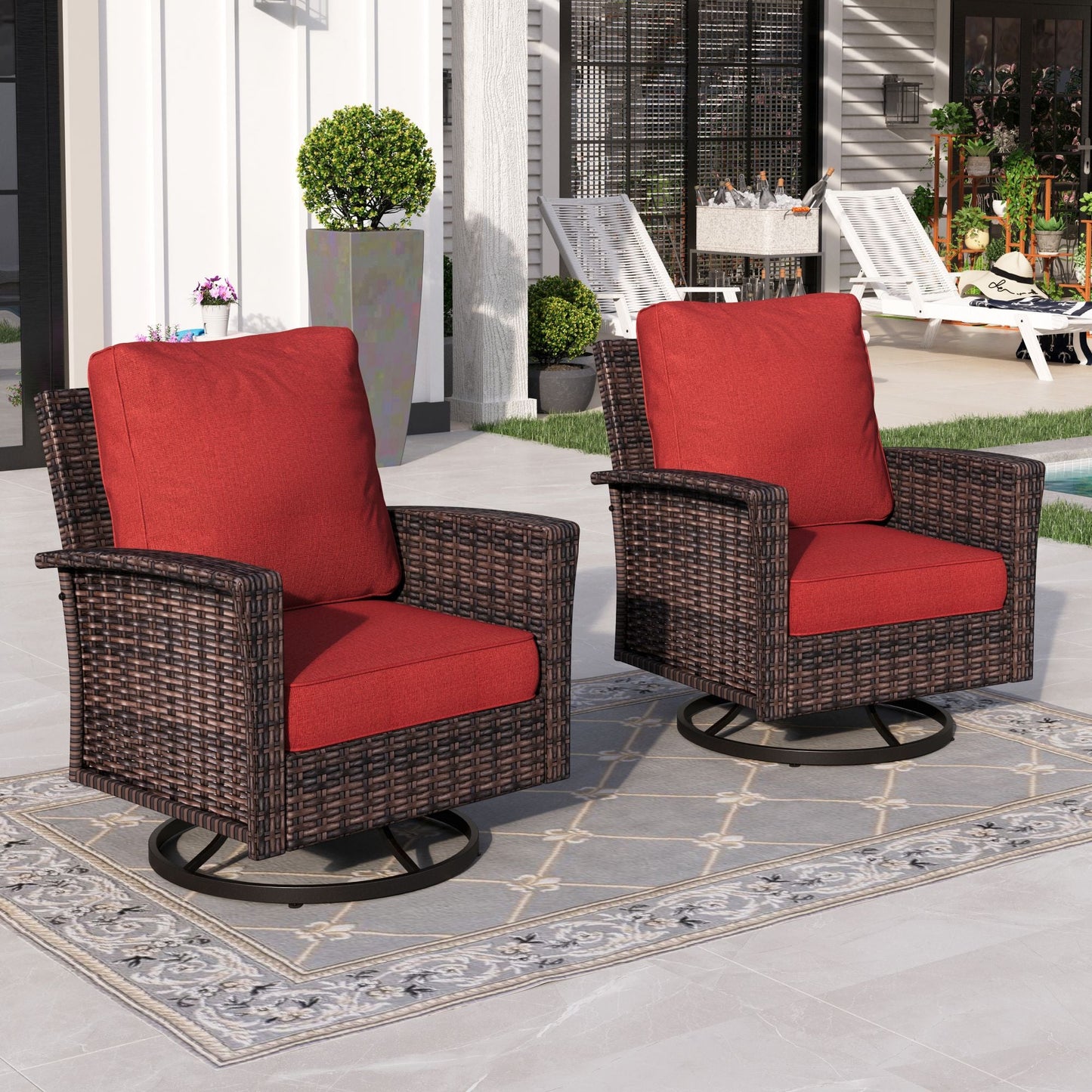 Sophia & William Outdoor Patio Wicker Swivel Glider Chairs Set of 2 with 5.5" Thick Cushions, Red