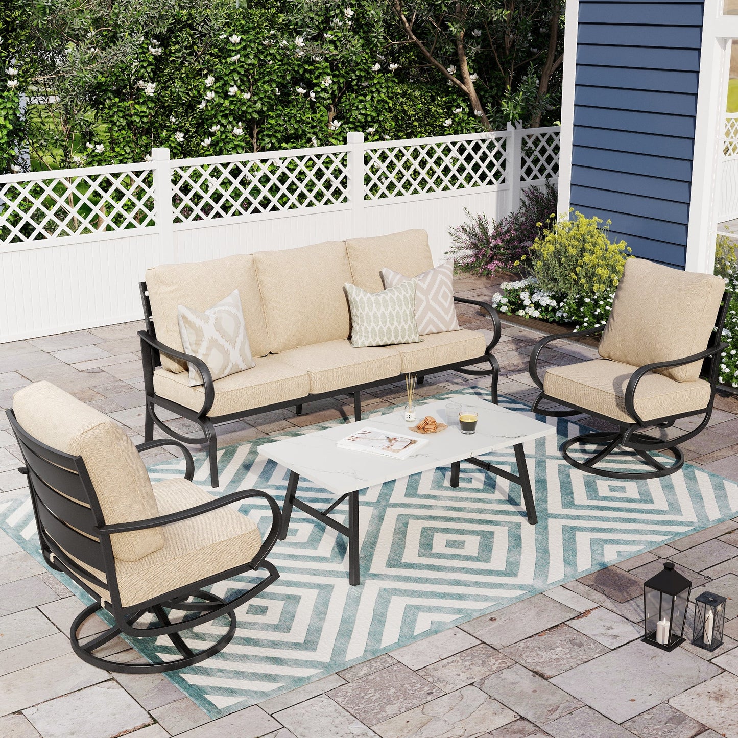 Alpha Joy 5 Seat Outdoor Patio Furniture Set Metal Conversation Set with Swivel Sofa Chairs, Beige